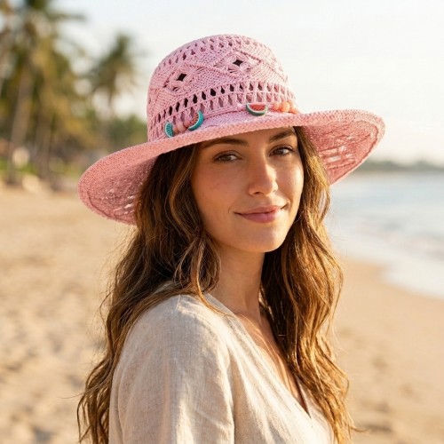 Wide Brim Crochet Toyo Straw Accent w/ Beaded Band - Pink - HT-8202PK